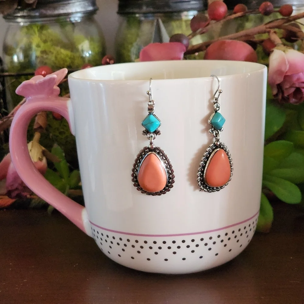 Boho Western Drop Earrings Coral and Turquoise 2" - Picture 3 of 5